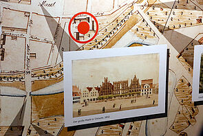 Eine Zeichnung von Greifswald. Zu sehen ist der große Markt im 19. Jahrhundert.