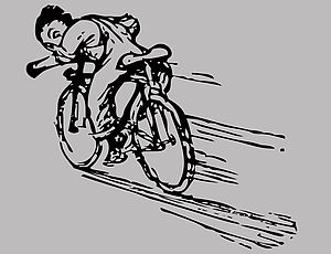 Zeichnung von einer Person, die Fahrrad fährt und sich dabei nach hinten umschaut.
