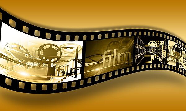 Ein Filmstreifen. In mehreren Abschnitten sind Kameras und weitere Filmstreifen abgebildet. In einem anderen steht in goldener Schrift das Wort „Film“. 