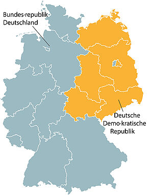 Eine Karte von Deutschland. Die Karte zeigt das geteilte Deutschland. Ein Teil ist die Bundesrepublik Deutschland. Der andere Teil ist die Deutsche Demokratische Republik.