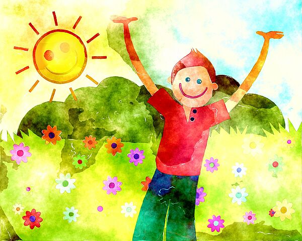 Ein in Aquarellfarben gezeichneter Junge steht lachend auf einer Blumenwiese und reißt die Arme nach oben. Hinter ihm scheint die Sonne. 