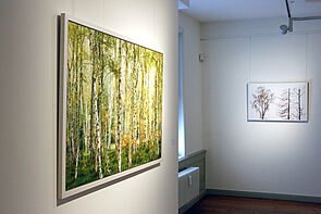 Links an der Wand: das Bild eines grünen Waldes.