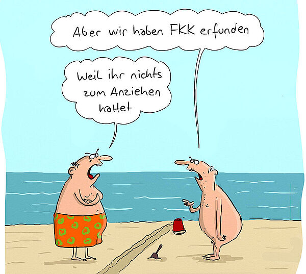 Eine Karikatur mit zwei Männern am Strand, die sich unterhalten.