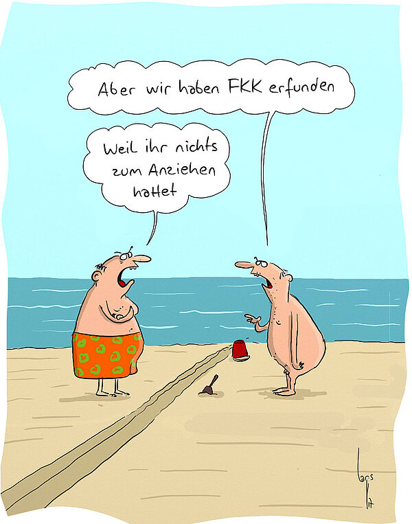 Eine Karikatur mit zwei Männern am Strand, die sich unterhalten.