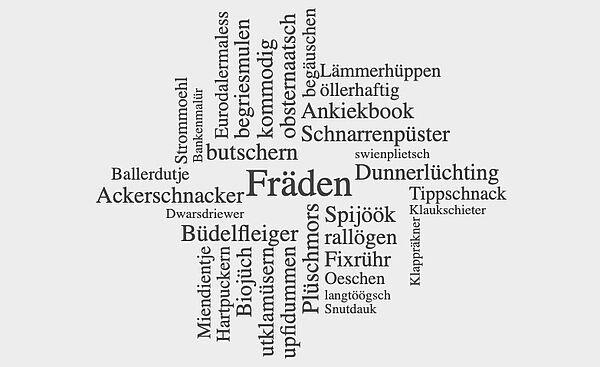 Auf grauem Hintergrund ordnen sich viele Wörter an. Es sind plattdeutsche Begriffe, die in den vergangenen Jahren zum plattdeutschen Wort oder Ausdruck gekürt wurden. 
