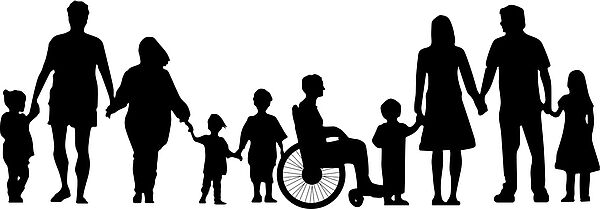 Ein Schattenbild. Zehn Menschen befinden sich nebeneinander in einer Reihe. Kinder und Erwachsene, Männer und Frauen. In der Mitte sitzt eine Person im Rollstuhl. 