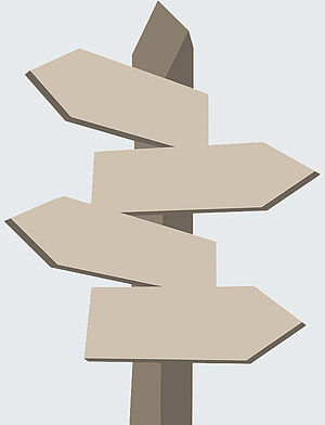 Illustration eines Wegweisers mit vier unbeschrifteten Tafeln, die alle in eine andere Richtung zeigen.