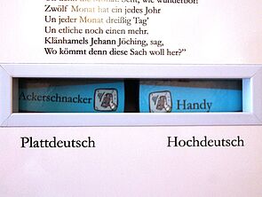 Eine Mitmachstation. Darauf können plattdeutsche Begriffe ihrer hochdeutsche Bedeutung zugeordnet werden. 