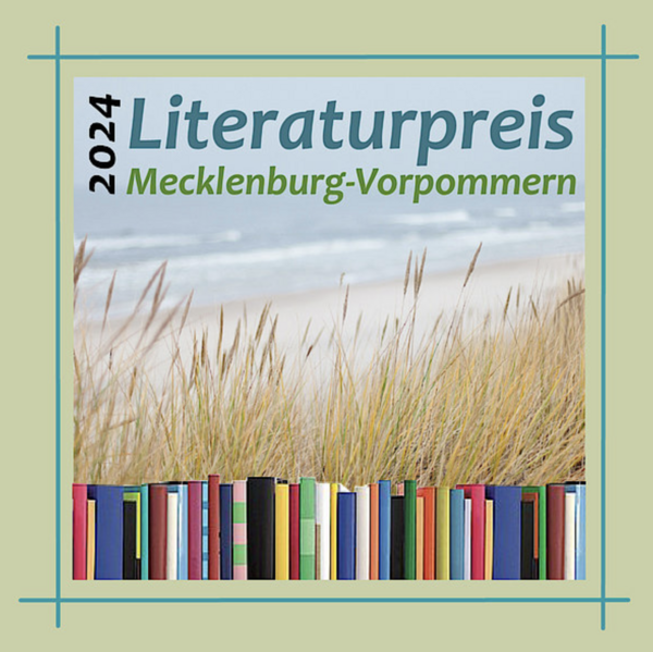 Das Plakat zum Wettbewerb. Zu sehen sind Bücher und ein Strand.