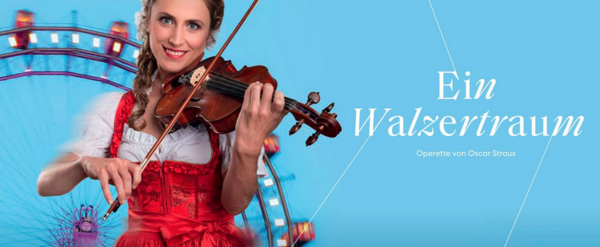 Das Plakat zur Operette. Eine Frau spielt Geige. Im Hintergrund ist ein Riesenrad zu sehen.
