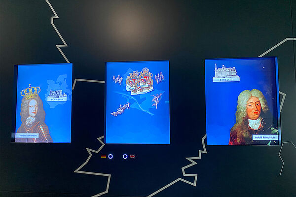 Drei blaue Bildschirme. Links und rechts darauf: zwei Monarchen. In der Mitte Herrschaftswappen.