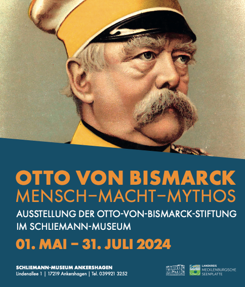 Ein Bild von Bismarcks Kopf in Uniform über den Angaben zur Ausstellung. „Otto von Bismarck. Mensch - Macht - Mythos"