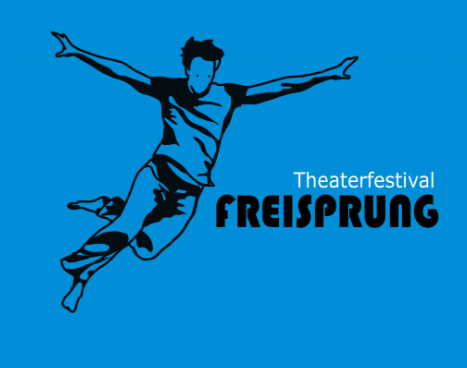 Das Logo vom Freisprung Festival: Eine schwarze Silouhette eines Mannes auf blauem Grund. Daneben der Schriftzug. 